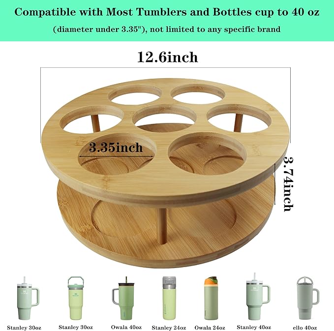 7 Slots Water Bottle Organizer for Stanley Cup Tumbler Accessories Owala Bottle Holder Rotatable Drying Rack Storage for Kitchen Cabinet Countertop Pantry Organizers for Gift, Natural Wood