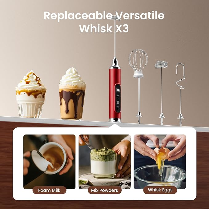 YUSWKO Milk Frother Wand for Coffee, Red Handheld Coffee Frother, Rechargeable Drink Mixer, Waterproof Electric Whisk