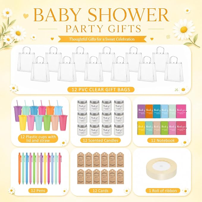 Nuogo 12 Sets New Parent Shower Prizes for Player Winners Adult, Wedding Bridal Shower Gift, Plastic Tumbler Notebook Scented Candle Ballpoint Pen Bag (Colorful,Classic Style)
