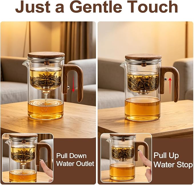 Magic Glass Teapot with Infuser, 24oz (700ml) Heat-Resist Boro Glass Brewer, Instant Water Separation & Clean-Press Leaf Removal, Perfect for Blooming & Loose Leaf Tea, Elegant Gift Box