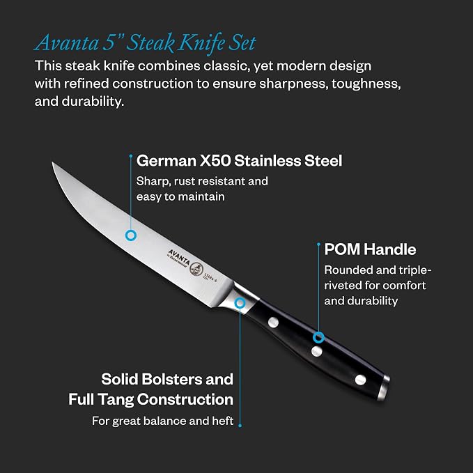 Messermeister Avanta 5” Fine Edge Steak Knife Set - Pack of 2 - German X50 Stainless Steel - Rust Resistant & Easy to Maintain - Includes 8 Total Steak Knives