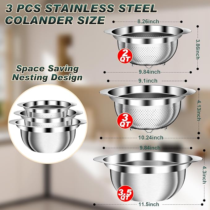 Stainless Steel Colanders with Mixing Bowl - 3.0QT & 2.0QT Strainer and Colander with Handle, 3.5QT Nesting Kitchen Bowl with Colander For Pasta, Vegetables, Fruit, Rice, 3PCS