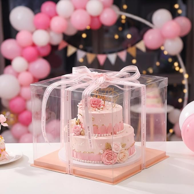 Maxdot 10 Pcs Transparent Tall Cake Boxes 12" x 12" x 10" Large Clear Cake Box with Ribbon Dessert Carrier PET Wedding Dessert Storage Container Clear Gift Box for Birthday Party Display (Pink)