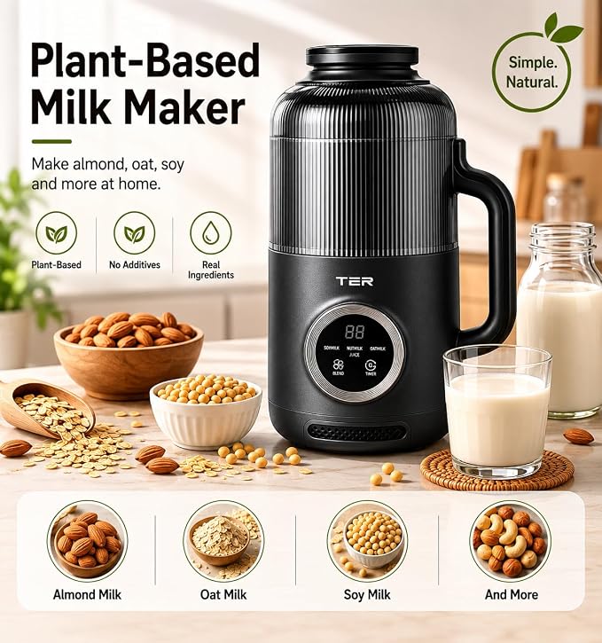 TER 40oz Nut Milk Maker Machine, Automatic Soy Milk Maker with 8 Smart Preset Programs, Almond Oat Soy Plant-Based Milk Maker with 12H Delay Start, Keep Warm, Self-Cleaning