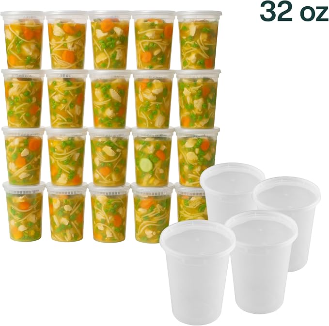 32oz [40 set] Heavy Duty Plastic Deli Container | BPA-Free Food Storage with Airtight Leak‑Proof Lids | Microwave, Freezer & Dishwasher Safe – Stackable, Bulk Reusable Soup & Meal Prep Tub