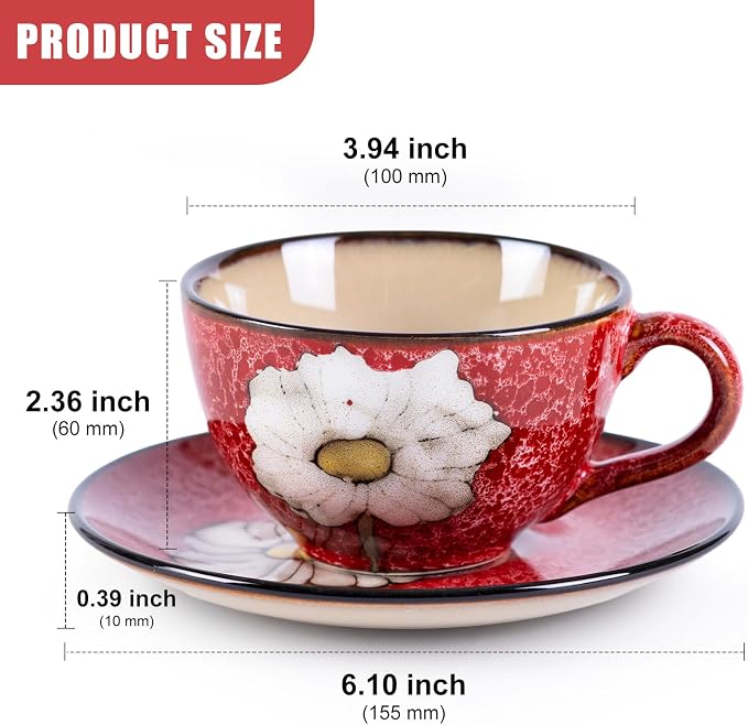 8 Oz Floral Porcelain Cappuccino Cups with Saucers Set of 4, Stoneware Tea Coffee Mugs for Home Kitchen & Office, Dishwasher Microwave Oven Safe, for Espresso, Latte, Americano, Milk & Tea, Mix