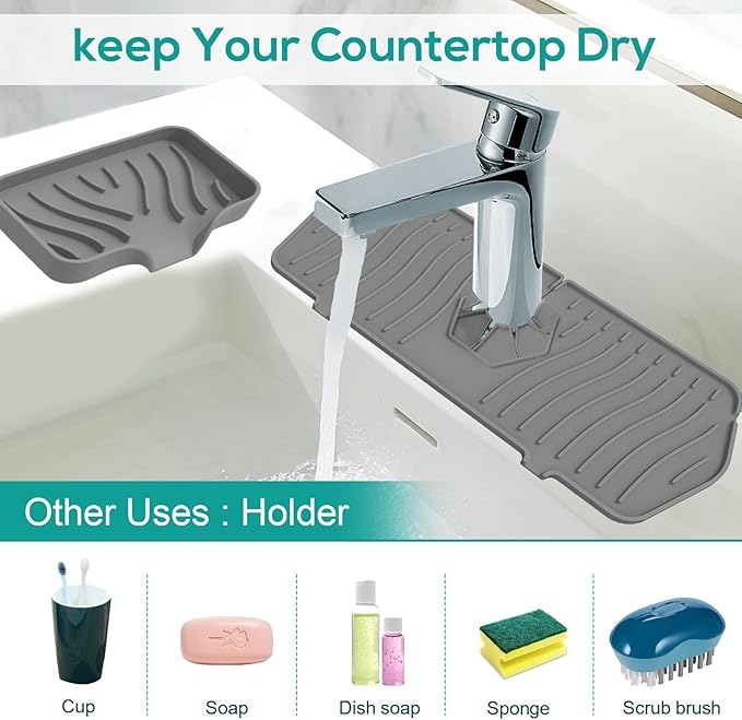 4 PCS Kitchen Sink Splash Guard and Soap Tray, Silicone Faucet Guard Mat Faucet Splash Catcher Sponge Holder with Drain Spout, Keep Kitchen Bathroom Sinks Countertop Soap Dry (grey)