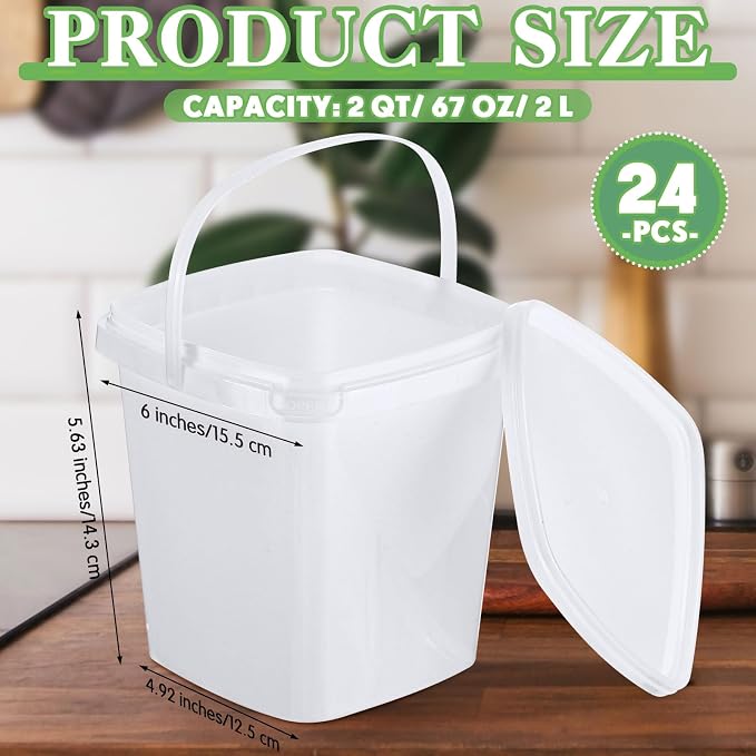 Mifoci 24 Pack 2 Qt/67 oz Thicken Plastic Buckets with Lids & Handles, Ice Cream Container, Food Grade, Freezer Safe, Sealable Square Reusable Storage Bucket, All Purpose Pails for Soup Fruit Deli
