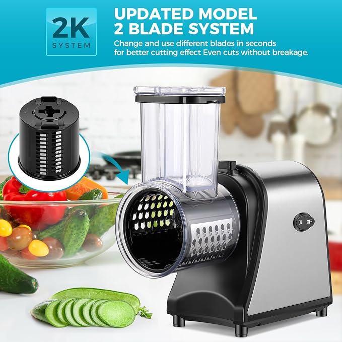 Electric Cheese Grater, 250W Electric Slicer Shredder, One-Touch Control Electric Salad Machine for Cheese, Fruits, Vegetables, Salad Maker with 5 Different Shapes of Blades, 2026 Upgrade