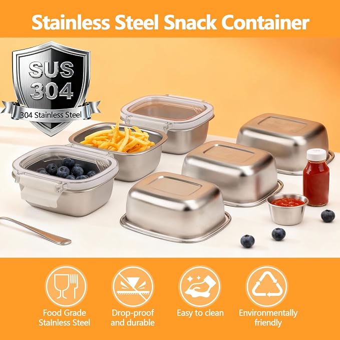 3 Pack Stainless Steel Reusable Snack Containers with Lids - 8.45 oz Small Metal Snack & Lunch Food Boxes, Shatterproof Leakproof Freezer Safe Meal Prep Containers for Portioning Snacks, Dips