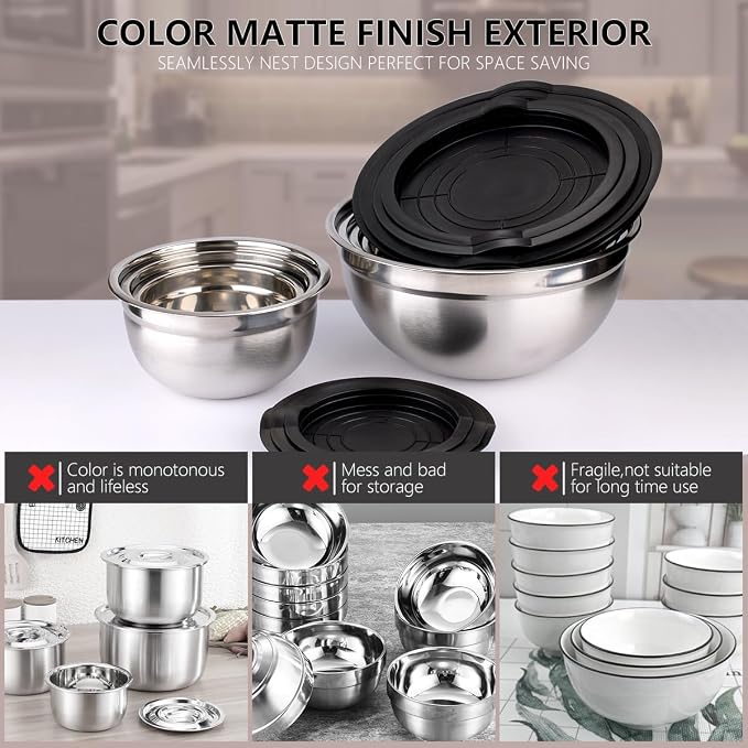 Leidawn Mixing Bowls with Lids set - 25 PCS Stainless Steel Nesting Black Mixing Bowls Set for Baking, Mixing, Serving & Prepping, Size 5, 3.7, 2.8, 2.3, 1.7, 1.1, 0.7QT, 11 Cooking