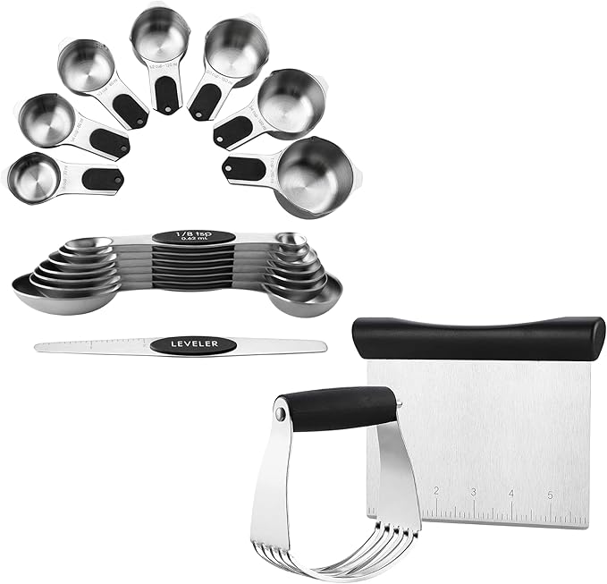 Spring Chef Magnetic Measuring Cups & Spoons Set of 15 with Leveler & Stainless Steel Dough Blender & Pastry Cutter Tool - 2 Product Bundle - Black