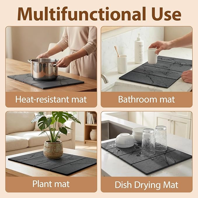 Large Stone Dish Drying Mat for Kitchen Counter,24"(L)×16"(W),Quick Dry Super Absorbent Drying Matt Kitchen Counter,Collapsible Diatomaceous Earth Dish Mats,for Dishes Bottles Cups,Any Countertop