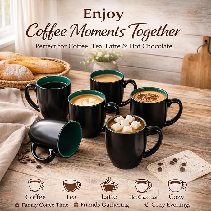 GBhome 16oz Coffee Mugs Set of 6, Large Ceramic Coffee Mugs for Man, Woman, Dad, Mom, Modern Coffee Mugs Set with handle for Tea/Latte/Cappuccino/Milk/Cocoa. Dishwasher&Microwave Safe,Green