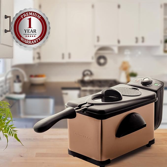 OVENTE Electric Deep Fryer 2L Capacity, Lid with Viewing Window, Adjustable Temperature, Removable Frying Basket & Cool Touch Handle, 1500W Power, Easy to Clean Stainless Steel Body, Copper FDM2201CO