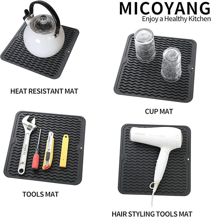 MicoYang Silicone Dish Drying Mat for Multiple Usage,Easy clean,Eco-friendly,Heat-resistant Silicone Mat for Kitchen Counter or Sink,Refrigerator or Drawer liner Black M 12 inches x 12 inches
