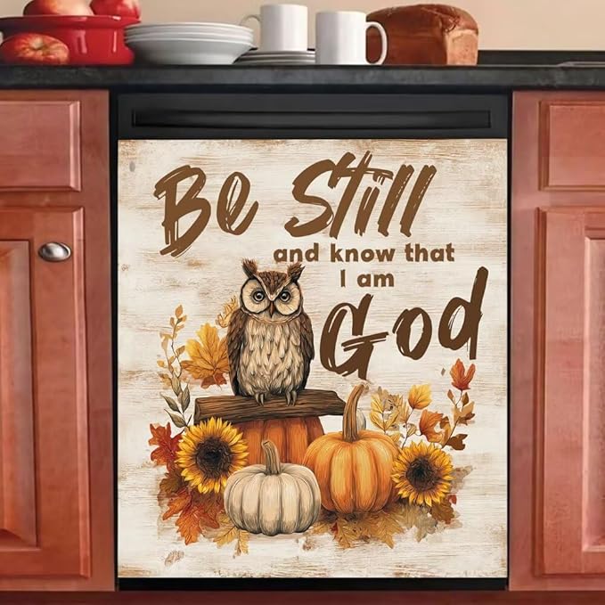 Pumpkin Magnetic Dishwasher Cover,Owl Dishwasher Front Door Magnetic Cover,Sunflower Refrigerator Panel Decal,'Be Still and Know That I Am God' Text Magnet Sticker,Reusable,23"x26"