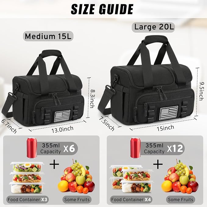 ETRONIK Tactical Lunch Box for Men, 20L Insulated Lunch Bag with Hot/Cold Compartments, Men's Lunch Box Fits 4 Meals + Snacks, Adult Lunch 8H Cooler Bags for Work, Hiking, Beach, Gym, Black