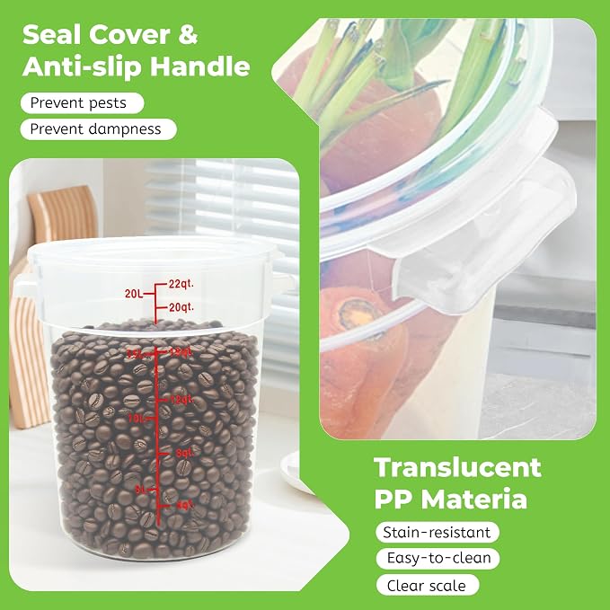 BIEAMA 4 Pack 22 Qt Round Food Storage Containers with Lids, Translucent PP | Include lids, labels, measuring cups and containers with capacity markings for food prep, pantry storage and dough proofing.