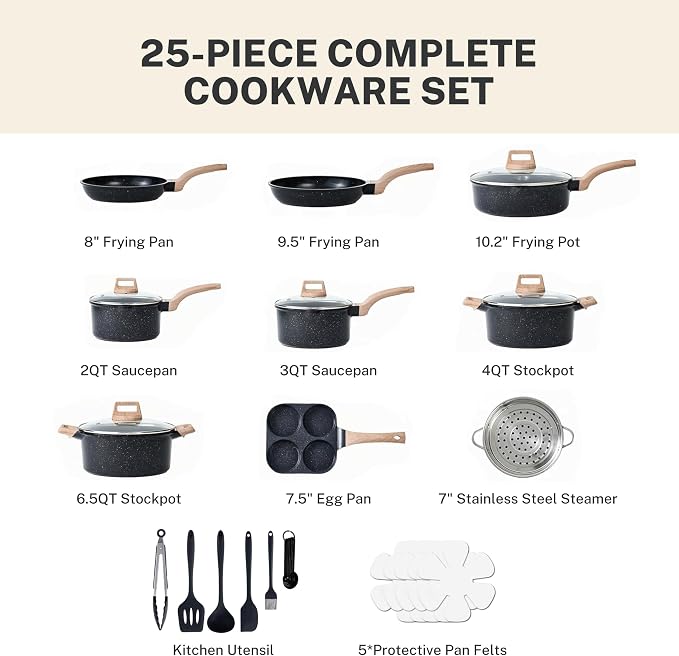 HealSmart 25Pcs Ceramic Cookware Set, Non-Toxic Nonstick Cooking Pots & Pans with Heat Resistant Grips, Complete Induction Compatible Kitchen Kit Including Multi-Size Frying Pans, Black