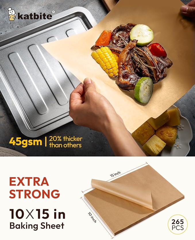 Katbite 265Pcs 10x15 inches Parchment Paper Sheets, Heavy Duty Unbleached Baking Paper, Pre-cut and Oil Proof Perfect for Steaming Cooking Bread Cake & Wrapping Foods [Extra Strong Series]
