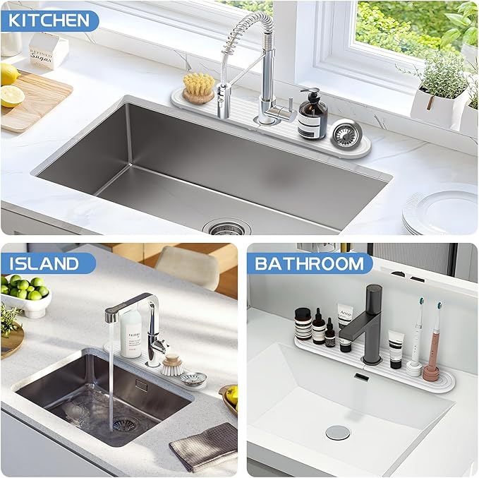 Stone Faucet Mat for Kitchen Sink, Water Absorbent Fast Drying Stone Tray for Sink , Quick Dry Diatomite Splash Guard for Bathroom Counter to Prevent Moisture Buildup, 23.6" x 4", White