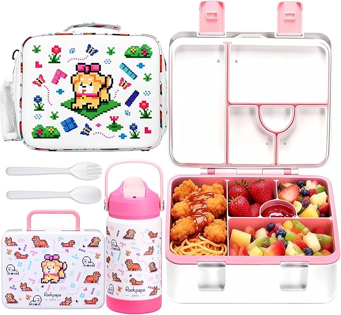 rockpapa Kids Lunch Box Set with 14oz Insulated Water Bottle & Lunch Bag, Leakproof 5.5 Cups Bento Box for School & Children, BPA-Free, Microwave Safe for Boys Girls (White Pets)