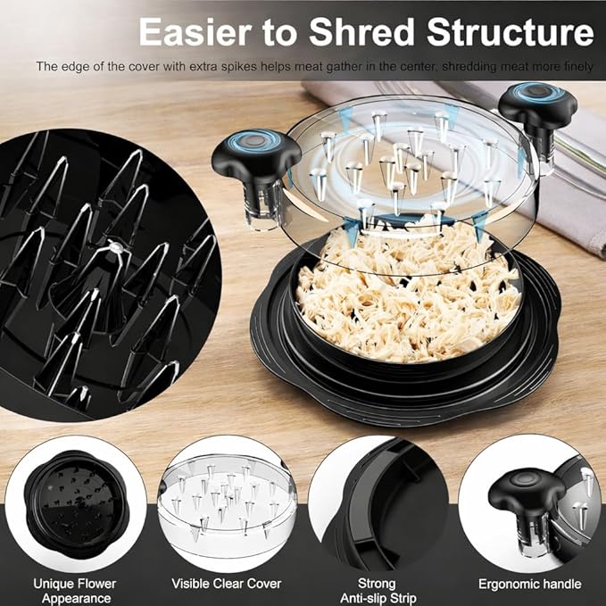 Premium Manual Food Shredder, Chicken Crusher Tool, Large Standard Size, PowerPull Chicken Grinder, Pork & Beef, KitchenPro Chicken Shredder Tool (Black)