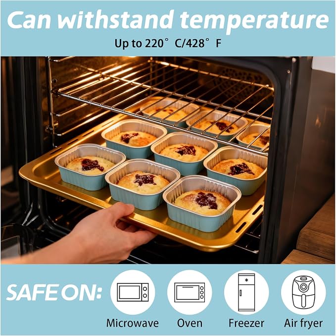 200 Pack 10 oz Square Mini Cake Pans with Lids, Disposable Aluminum Foil Baking Cups, Mini Ramekins for Brownies, Cupcakes, Cheesecake, Individual Desserts, Christmas Parties & Catering (Blue)