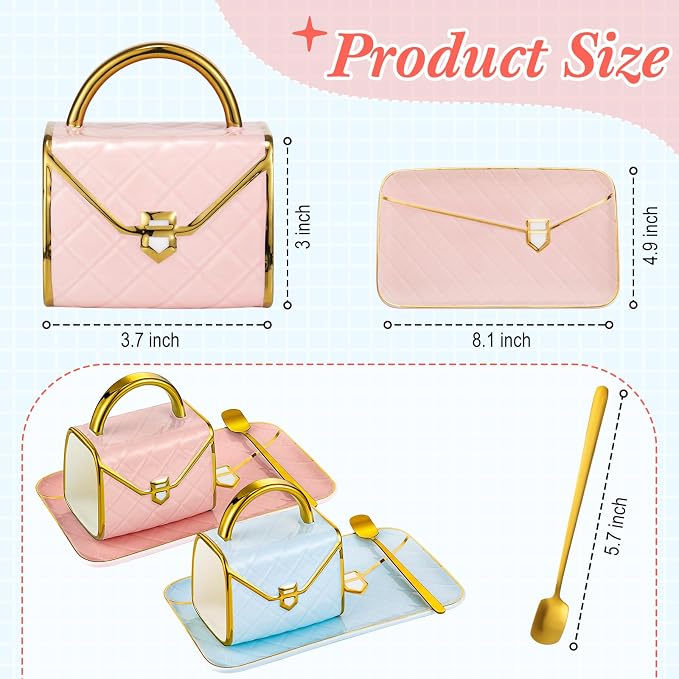 Nitial 2 Sets Handbag Shaped Mug and Saucer Set 10 oz/ 310 ml Ceramic Coffee Mug Purse Tea Cup with Saucer Spoon for Office Home Coffee(Pink, Blue)