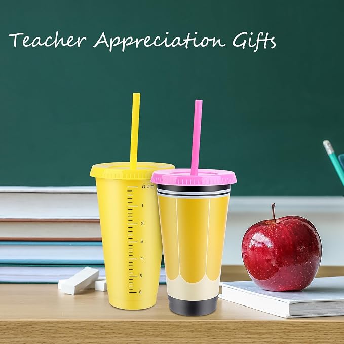 Kochorie 24 Pcs Teacher Appreciation Gifts Cups 24 Oz Reusable Tumblers | with Lids & Straws Back to School Thanks to Teacher Plastic Cups for Valentines Teachers Gifts Christmas Party Supplies