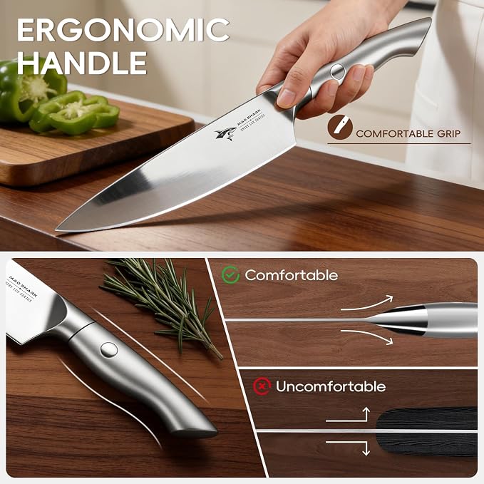 MAD SHARK Knife Set, Kitchen Knife Block Sets 8Pcs, High Carbon Stainless Steel, Ultra Sharp Kitchen Knives Sets, Non-Slip Ergonomic Handle, Includes Drawer Organizer, Gift Ready