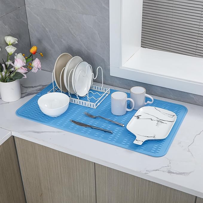 MicoYang Silicone Dish Drying Mat for Multiple Usage,Easy clean,Eco-friendly,Heat-resistant Silicone Mat for Kitchen Counter or Sink,Refrigerator or Drawer Liner Light Blue 3XL 28 inches x 18 inches