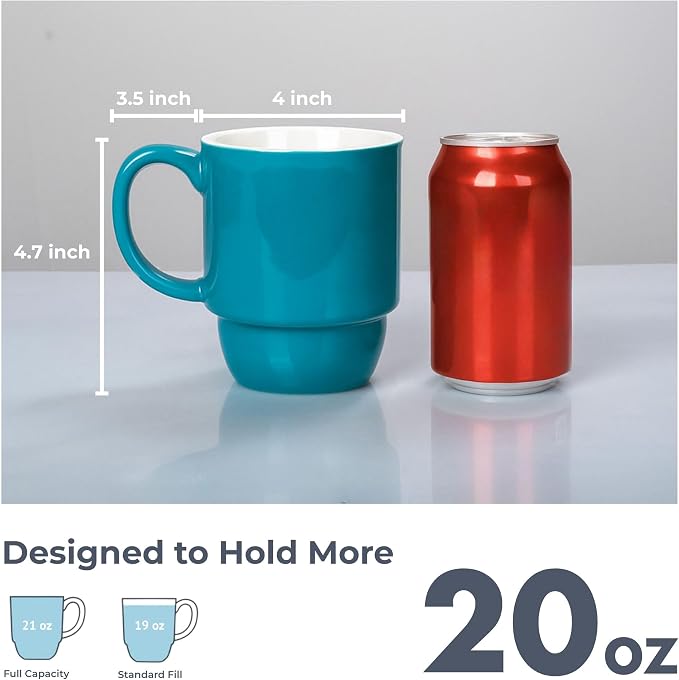 Stackable Porcelain Coffee Mug Set of 4 – 20oz Jumbo Capacity, Space-Saving Ceramic Mugs with Large Handle for Kitchen & Coffee Bar, Microwave & Dishwasher Safe Modern Home Gift