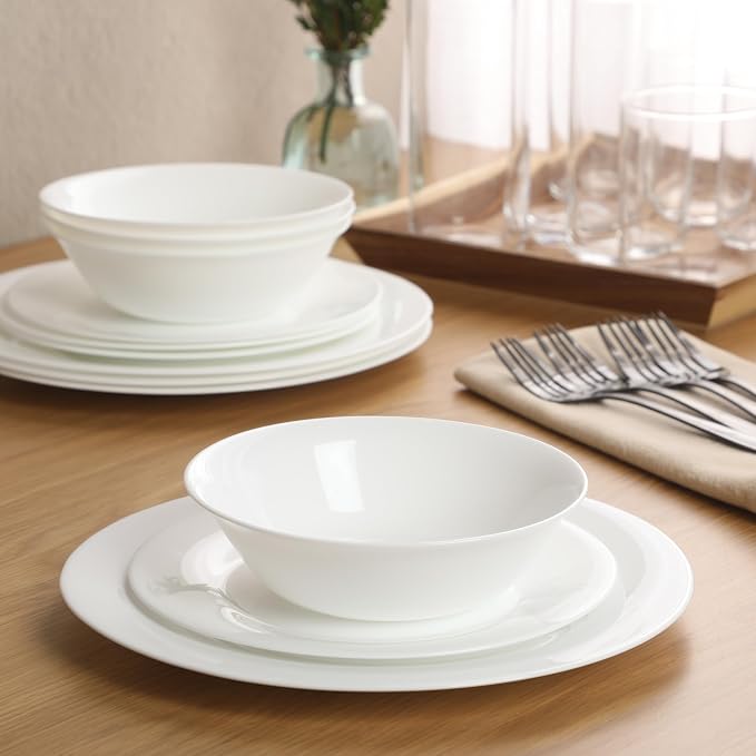 Gibson Home Vanilla Hills 12-Piece Opal Glass Dinnerware Set, Service for 4 – Includes 10" Dinner Plates, 8" Salad Plates & 6.5" Bowls – Microwave Safe, Dishwasher Safe, Chip Resistant – White, Round