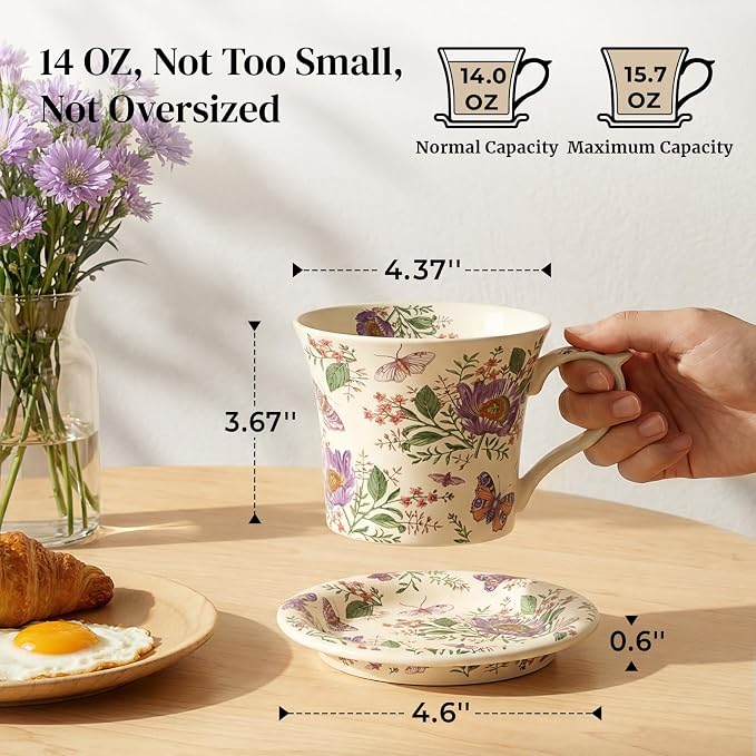 DOWAN 14 OZ Tea Cup & Saucer Set, Ceramic Coffee Mug with Lid, Cappuccino/Latte Cup, Floral, Perfect Self‑Care or Gift for Friends, One Set