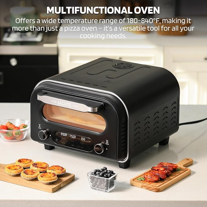 Lagute Electric Pizza Oven - 12-Inch Countertop Indoor Pizza Maker with 6 Presets, 850°F High Heat, Dual Heating Components, Pizza Stone & Peel Included