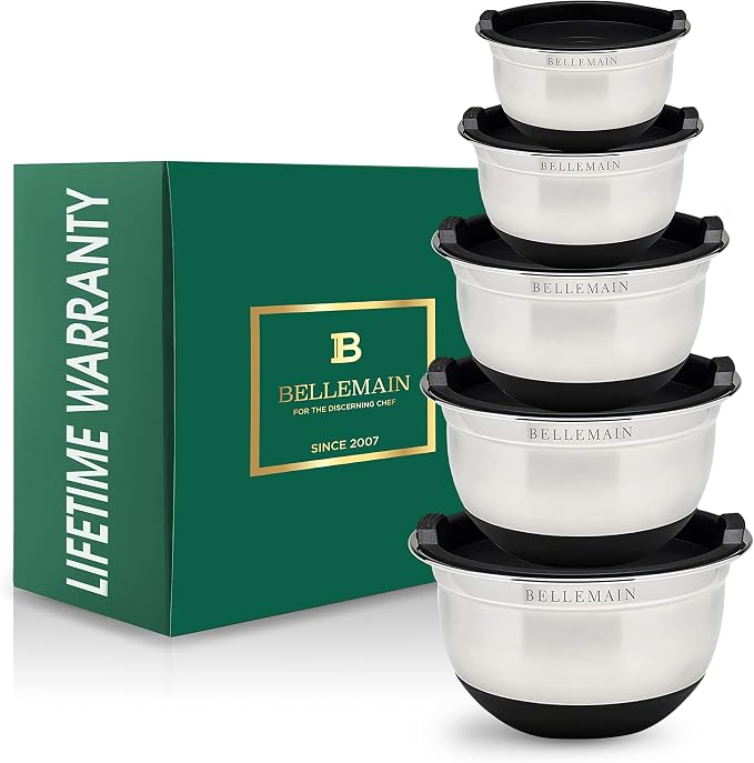 Bellemain Stainless Steel Non-Slip Mixing Bowls with Lids (5 Piece, Silver/Black)