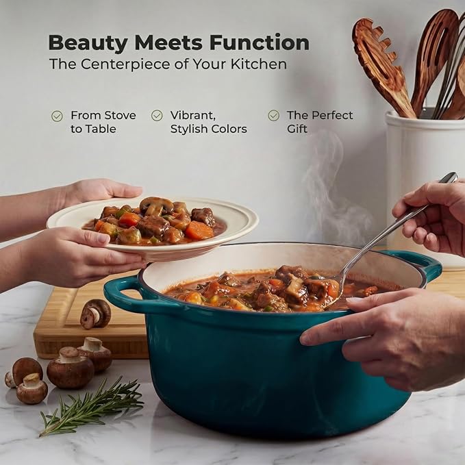 Zulay Kitchen 5 Quart Enameled Cast Iron Dutch Oven Pot with Lid – Premium Durability & Oven Safe up to 500°F – Heavy Duty Cookware Perfect for Bread Baking, Stews, Braising & Roasting – Emerald