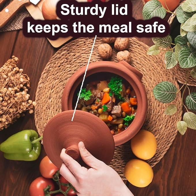Earthenware Clay Mud Eathern Terracotta Cooking Pot Pottery Cazuela Cookware with Lid Natural Stovetop Stove Top Stone Stew Rice Unglazed Mexican Indian Kitchen Oven Terra Cotta Handcrafted Traditional Healthy (2.1 Quarts - Size3)