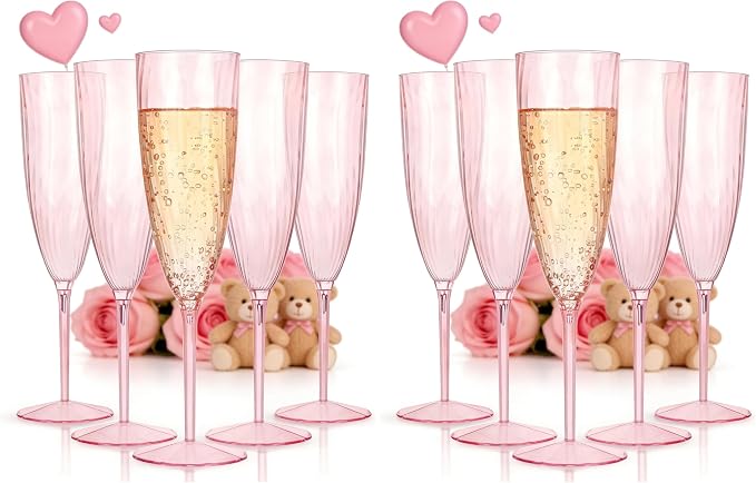 WDF 36PCS Pink Champagne Flutes Plastic - 6OZ Pink Disposable Champagne Flutes Party Supplies for Wedding Birthday Parties Valentine's Day Galentine's Day (Pack of 2)