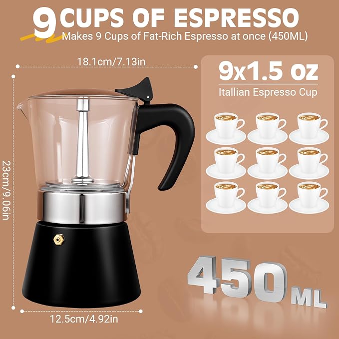 Induction Moka Pot, 9 Cups (15.9 oz) Crystal Glass-Top & Stainless Steel Moka Pot, Classic Stovetop Espresso Maker, Black