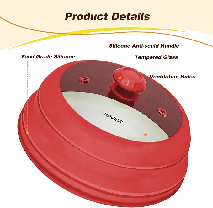 Microwave Splatter cover, Glass Microwave Cover for Food, 10.8 inch Guard Lid with Collapsible Silicone for 6-10 inch Plates & Bowls, Dishwasher Safe, 450°F Heat Resistant, BPA-Free, Red