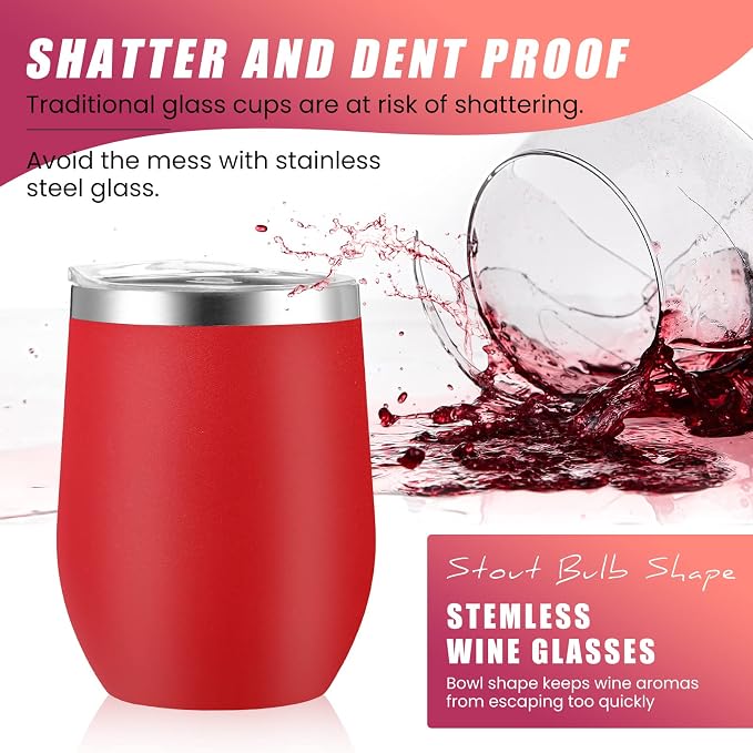 Remagr 16 Pack Stainless Steel Wine Tumblers 12 oz Insulated Vacuum Wine Cup Set Double Wall Stainless Steel Stemless Mug Glasses for Coffee Soda Whiskey Outdoor Travel (Red)