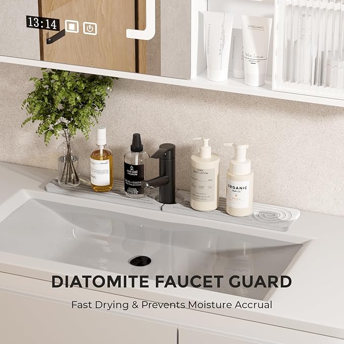 Quick Dry Sink Splash Guard - 15.8" Quick Drying Diatomaceous Earth Faucet Mat - Diatomite Stone Sink Tray for Bathroom Counter - White