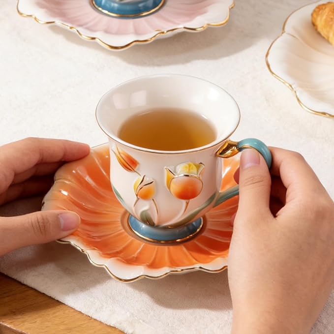 KAMMAK Tea Cups and Saucers Set of 2, Porcelain Coffee Cups, Stackable Espresso Mugs, Ceramic Demitasse for Coffee, Latte, Americano, Tea, Relief - Pink + Orange