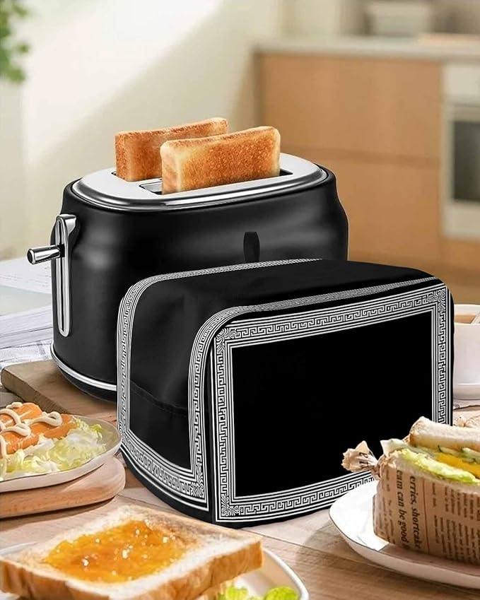 Black Geometric Toaster Cover 2 Slice, Greek Key Design Dustproof Bakeware Oven Protector with Top Hook, Abstract Modern Art Waterproof Small Kitchen Appliance Toasters Dust Cover, 11"x6"x8"