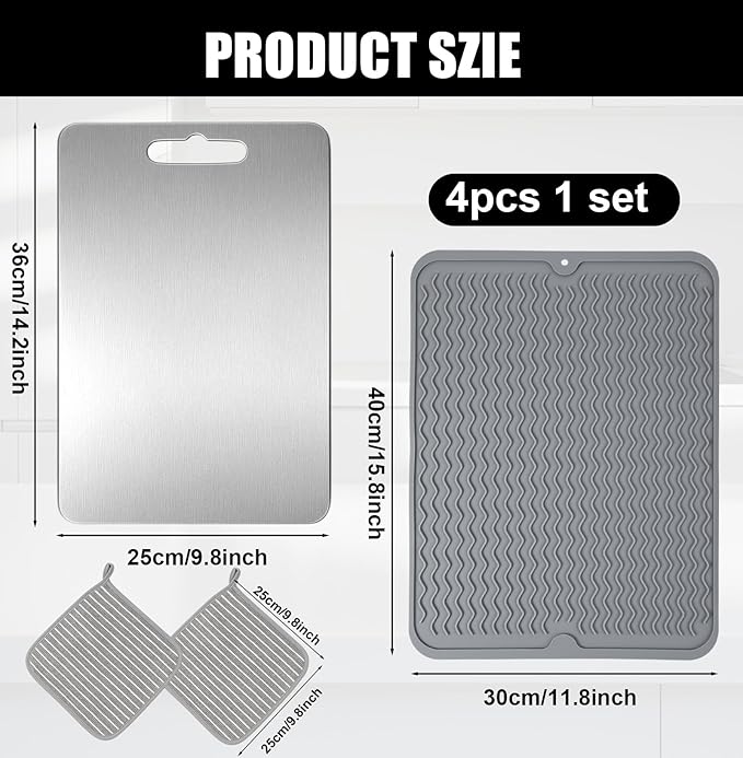4 Pcs Titanium Cutting Board for Kitchen 16 x 12 Inch Silicone Dish Drying Mat 14 x 10 Inch Double Sided Metal Cutting Board 2 Dishcloth Separates Meat Vegetables Fruits for Counter Sink