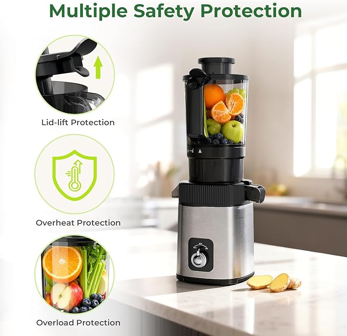 Cold Press Slow Juicer Machine, Compact Slow Masticating Juicer for Vegetables & Fruits, 4.4" Wide Feed Chute, Easy to Clean Stainless Steel Juice Press, Dishwasher Safe, High Juice Yield