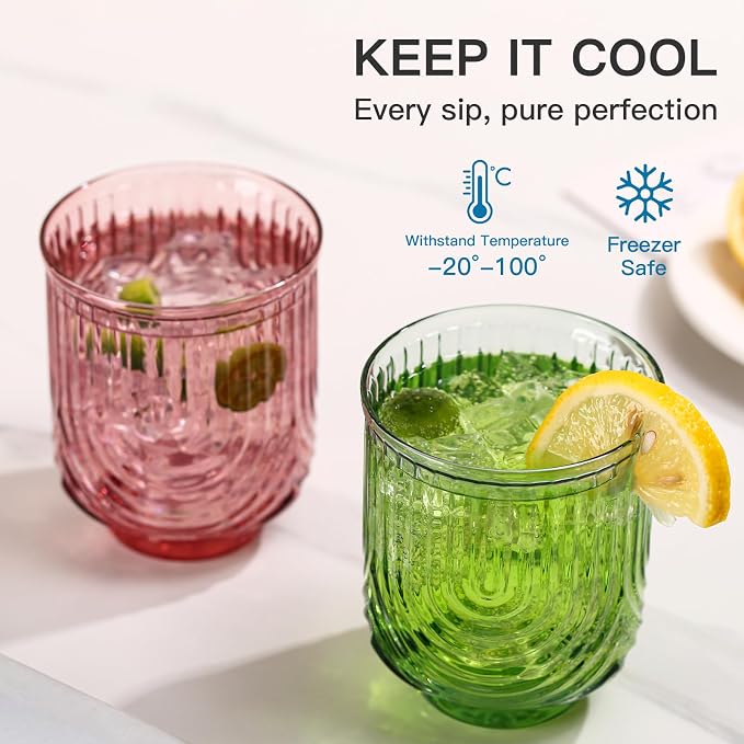 JOVGANK Colored Vintage Drinking Glasses Set of 6-14Oz Colorful Drinking Glasses, Art Deco Ripple Highball Glass, Whiskey Cocktail Glasses, for Bar Coffee Juice, Housewarming Gift